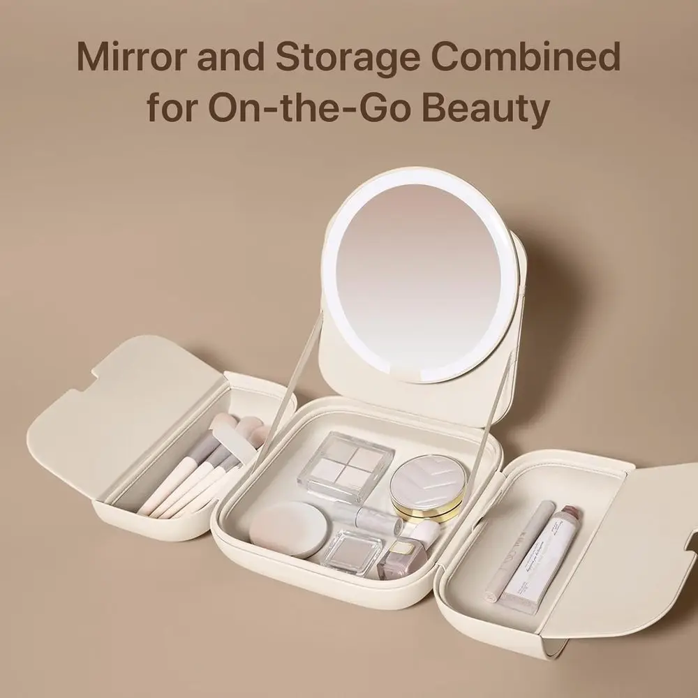 Portable 5-Level Brightness 3-Color LED Mirror Makeup Bag, White, Travel & Artist Organizer
