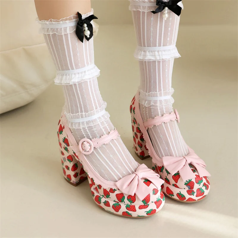 Sweet Cute Strawberry Print Pu Leather Mary Janes Shoes for Women Block High Heel Black Pink White Party Ladies Pumps Free Ship