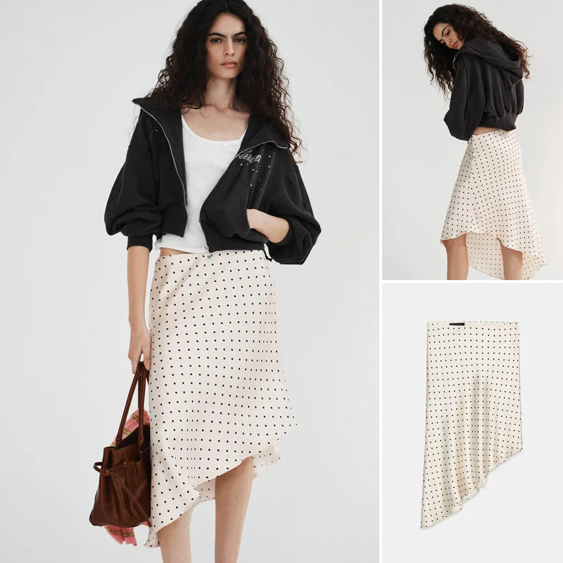 Spring Summer New Arrival Women's Casual Fashion Polka Dot Silk Satin Skirt Asymmetrical Design City Commute Travel Friendly