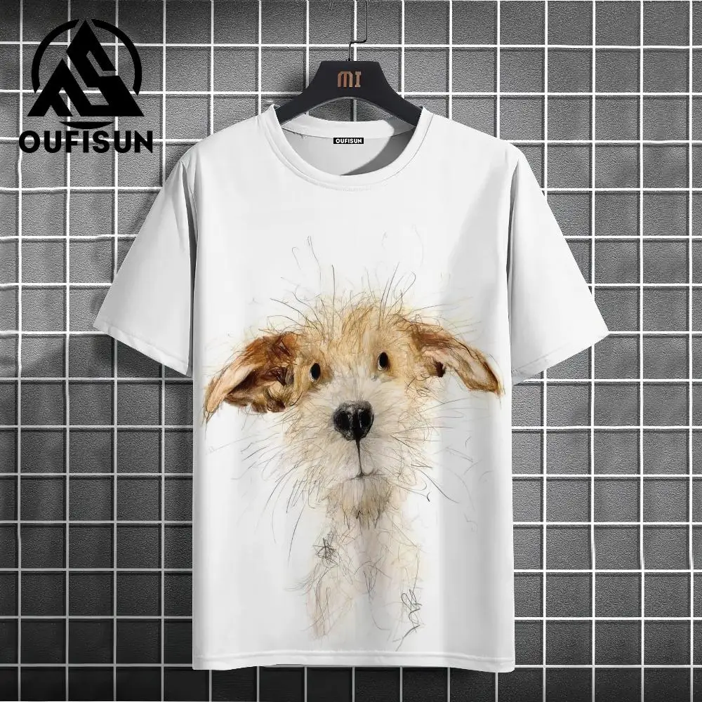 2024 Casual Men T-shirts White Breathable Polyester T-shirts For Men High Quailty Simple Design Cute Dog Oversize T-shirts Men