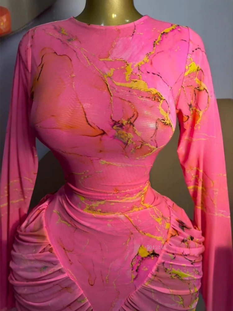 Femmes élégantes cravate colorant imprimé empilé froncé à manches longues Midi moulante Maxi longue robe fête d'anniversaire éducation robes à la mode