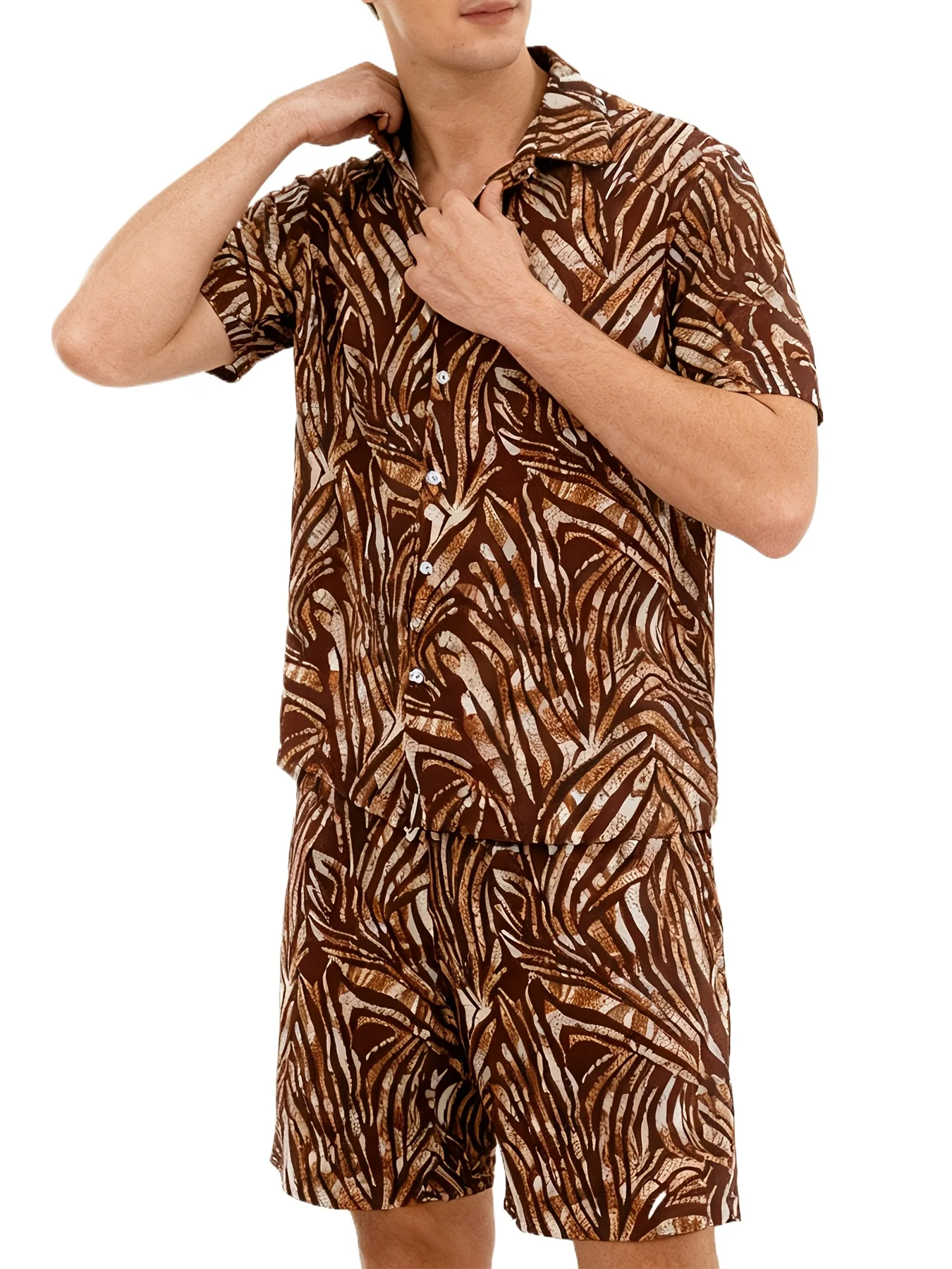 

Летний мужской комплект домашней одежды, винтажная модная рубашка с короткими рукавами и принтом коричневых листьев + шорты с карманами и одежда для сна PJS