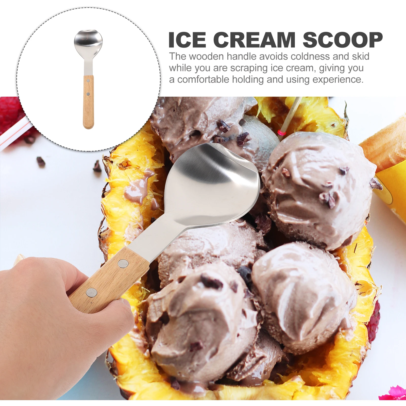 

Ice Cream Scoop Stainless Steel Shovel Spoon Metal Dessert Spade Wooden H Small Size Easy to Use Clean Kitchen Tool