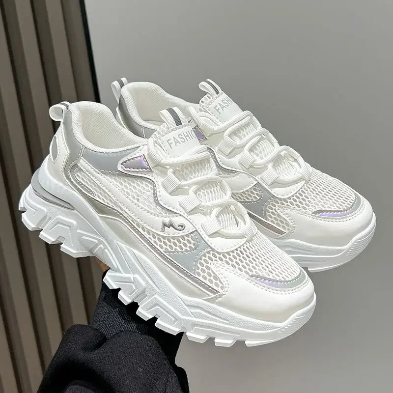 

2025 Summer Popular White Women's Mesh Hollow Out Height Boosting Casual Dad Shoes Versatile