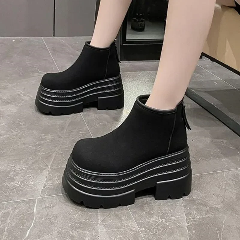 Suede Leather Ankle Snow Boots Women Winter Warm Fur Sneakers Thick Sole Short Boot 10CM High Platform Chunky Shoes Botas Mujer