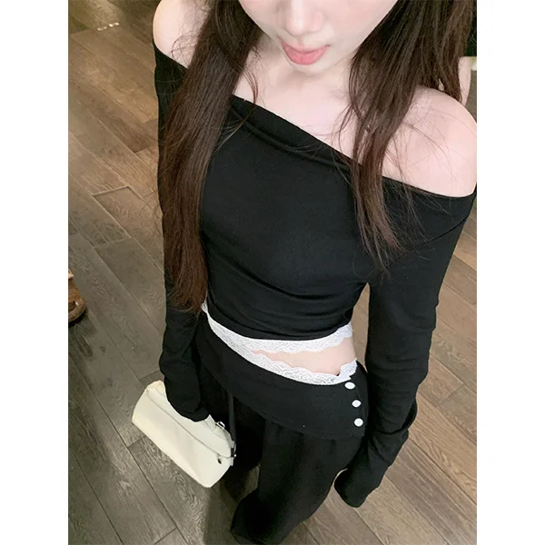 Camisetas de manga larga para mujer, Tops bordados de encaje, ajustados, cómodos, de invierno, Vintage, calle, minimalista, informal, estilo urbano