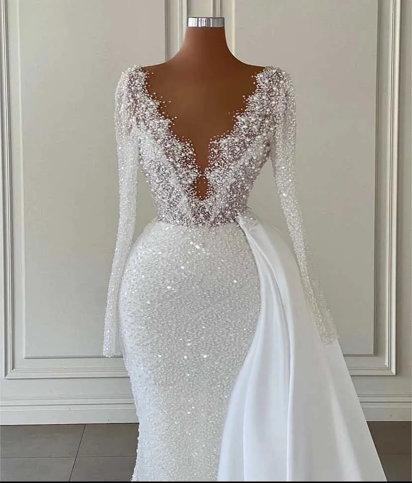 Robe De mariée à effet d'illusion, col rond, perles, manches longues, style sirène, avec jupe