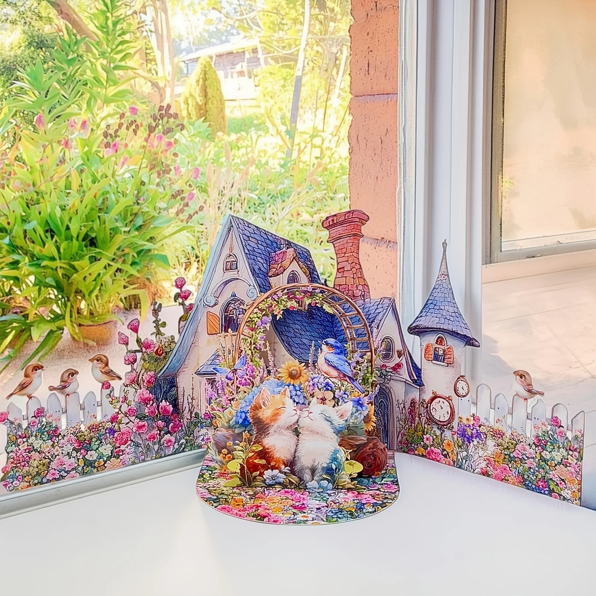 تتميز بطاقة تهنئة ثلاثية الطي مع حديقة مملوءة بالربيع مع قطط رائعة مثالية لإرسال التمنيات الجيدة في أي مناسبة