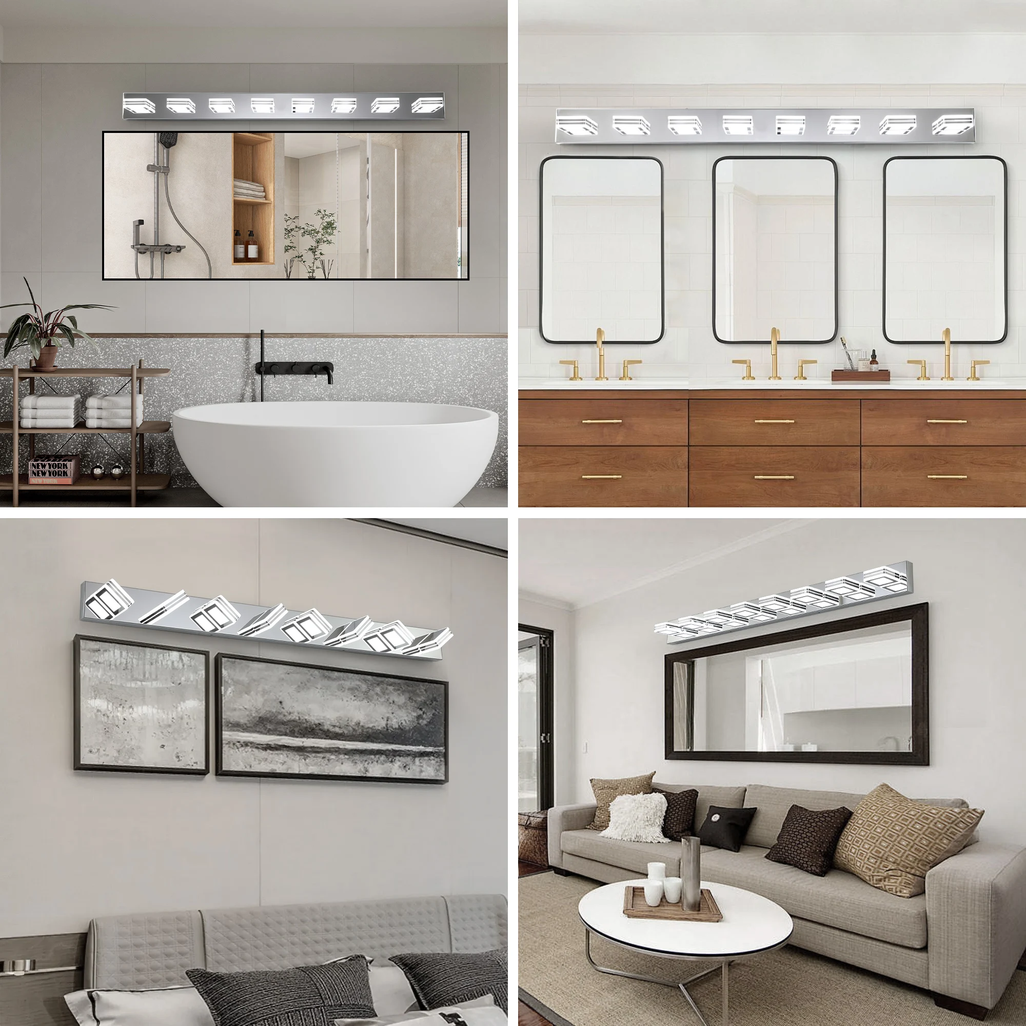 8-Lights Modern LED Bathroom Vanity Lights Over Long Mirror Acrylic up and Down Matte Chrome Bath