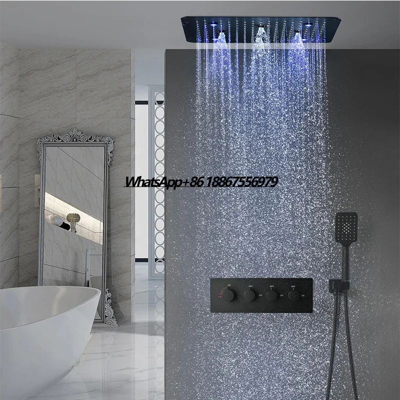 

Bath Black Shower Set Colorful LED Multi Function Mist Spray Massage Thermostatic Shower Head Panel Matte Black Shower Faucet