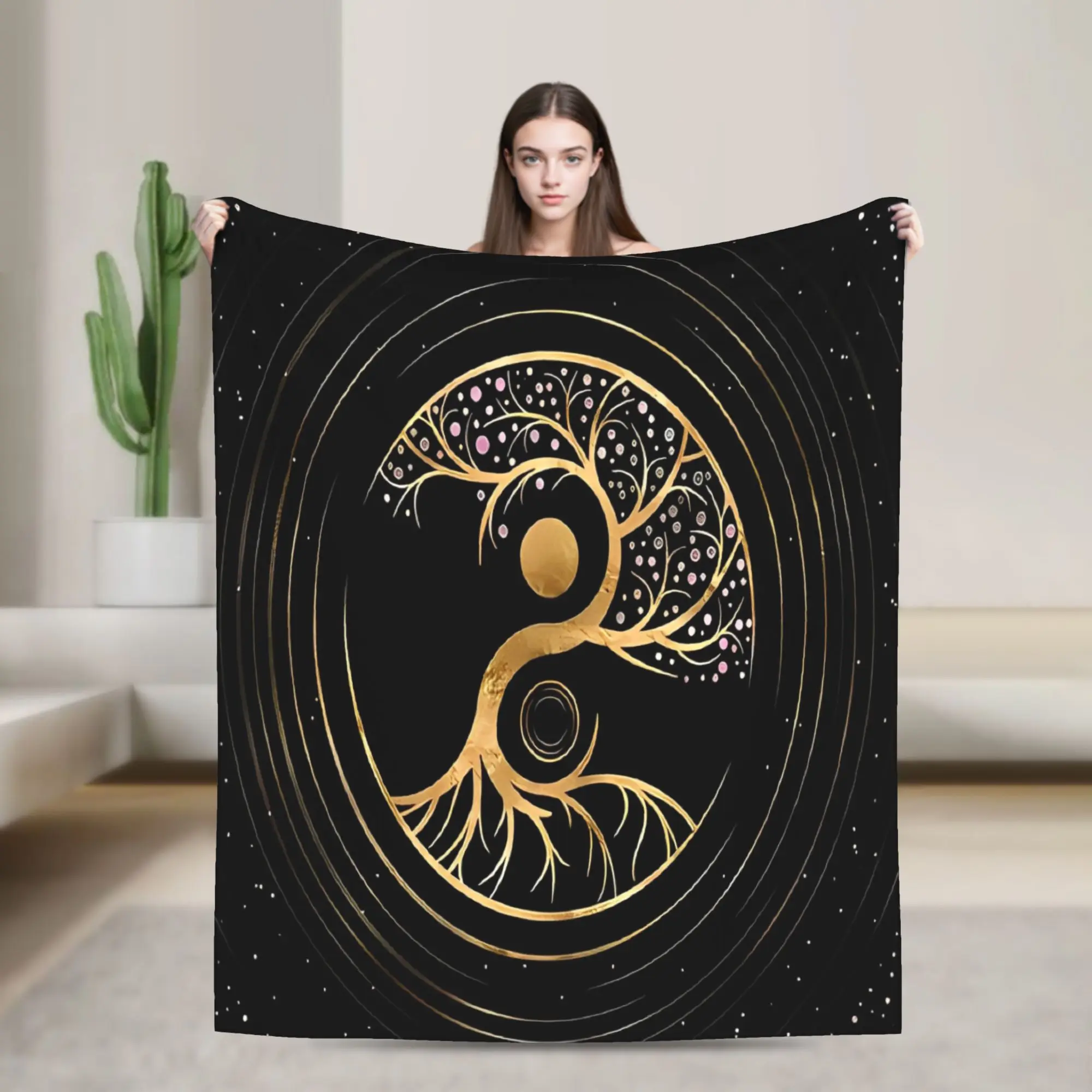 Yin Yang Tree Of Life Fluorite And Gold Blanket  Flannel Throw Blanket Summer Air Conditioning Printed Lightweight Bedspreads