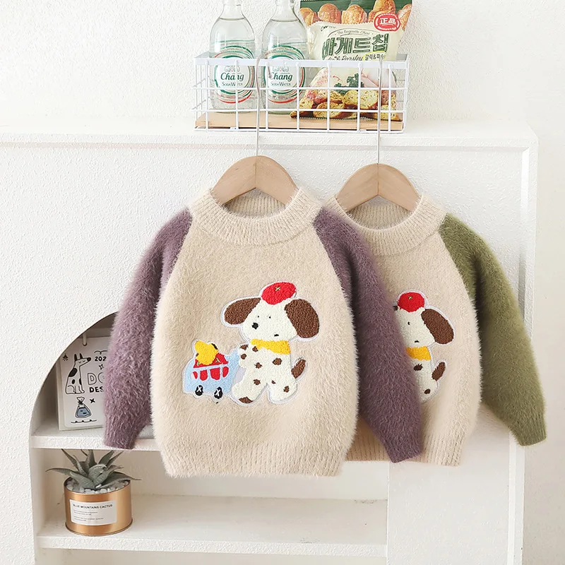 Winter Sweater Bring Heat with Furry Looks Boys Girls New Pullover Cartoon Dog Flocking Children Clothes Cotton Sweaters IY08111