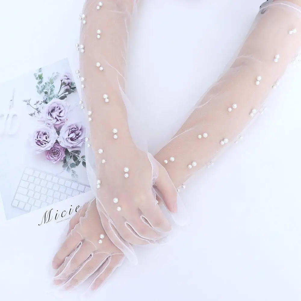 Bride Elegant Pearl Chiffon Lace Full Finger Gloves Wedding Accessories Fingerless Gloves Bridal Gloves