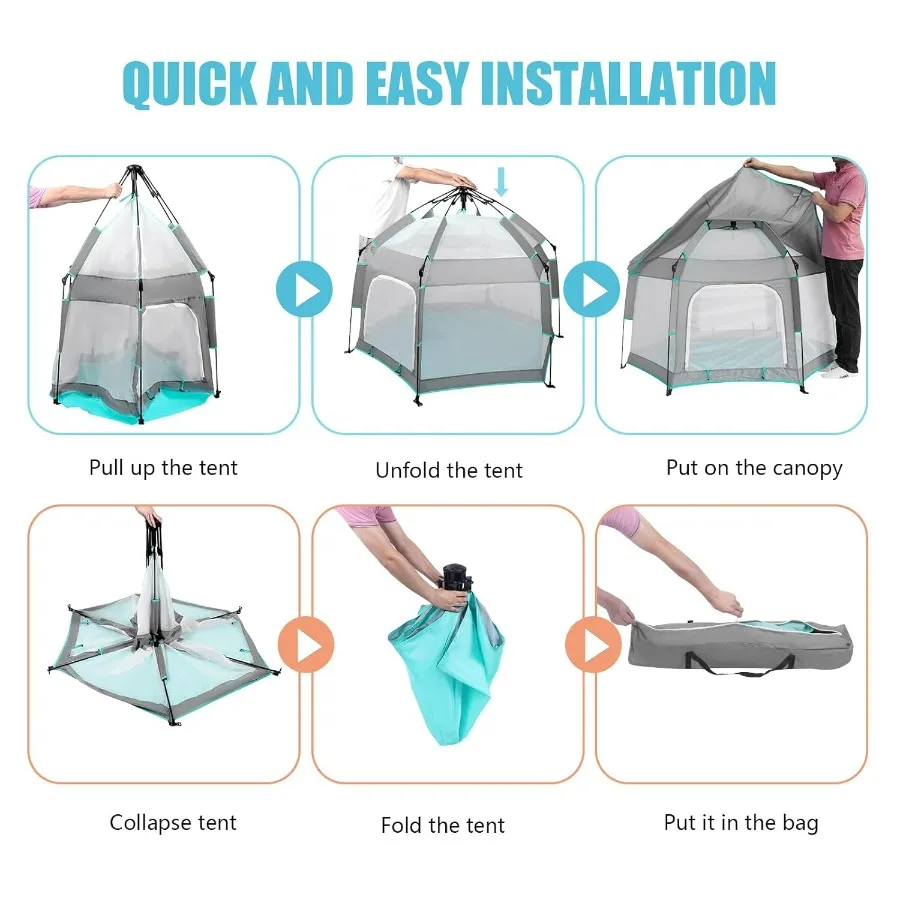 คอกกั้นเด็กแบบมีหลังคา เต็นท์ชายหาดพกพาสำหรับเด็กเล็ก สนามเด็กเล่นในร่มและกลางแจ้ง พร้อมมุ้งกันยุงแบบพับได้สำหรับเด็กทารก สีเทา