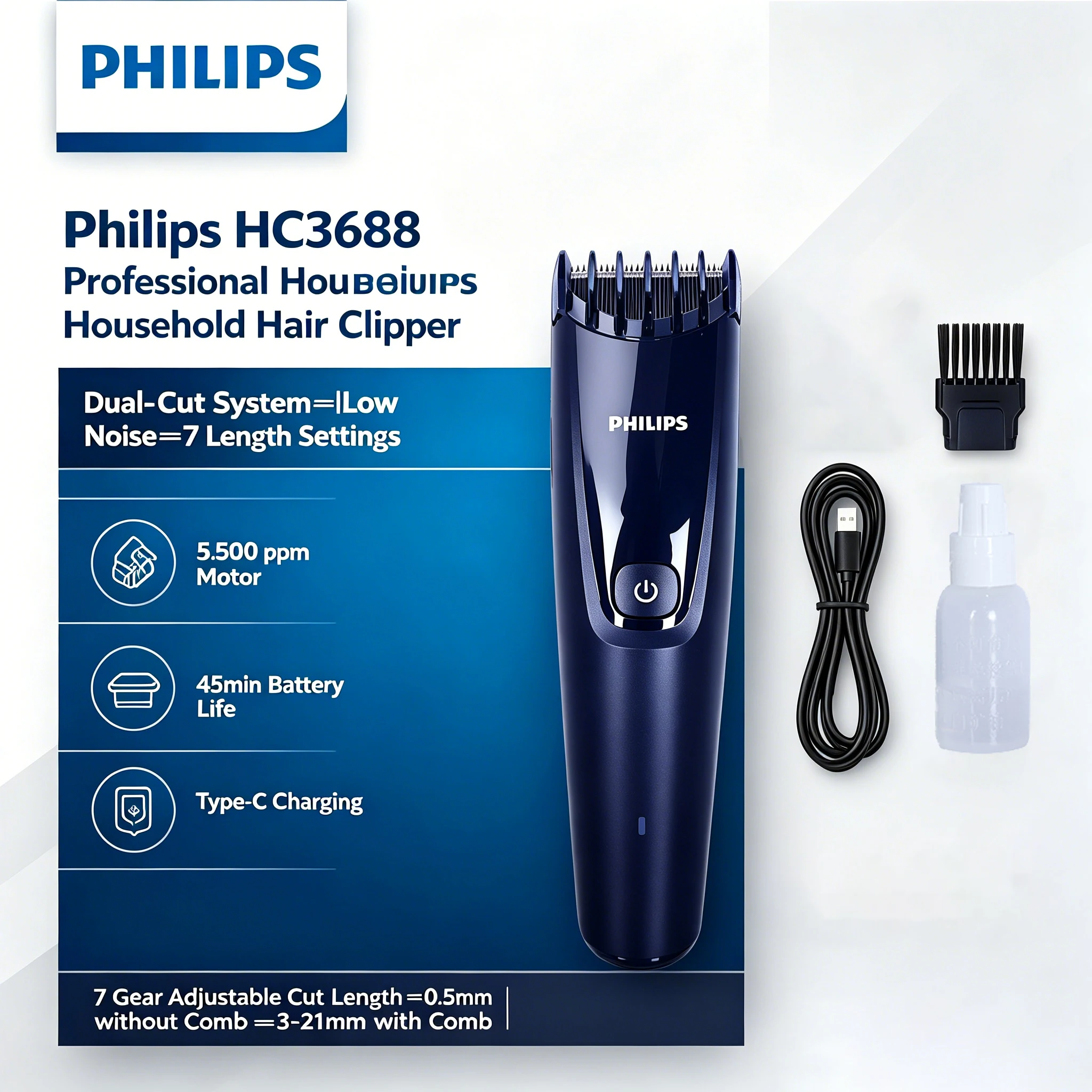 Philips HC3688 Hair Clipper Dual-Cut Stainless Steel Blade 7 Length Settings Low Noise Rechargeable Home Hair Cutting Trimmer