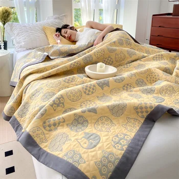 Towel Blanket for Sofa Pure Cotton Thread Blanket Yellow Color Cat Printed Plaids for Bed Queen Size Summer Bedspread/Quilt