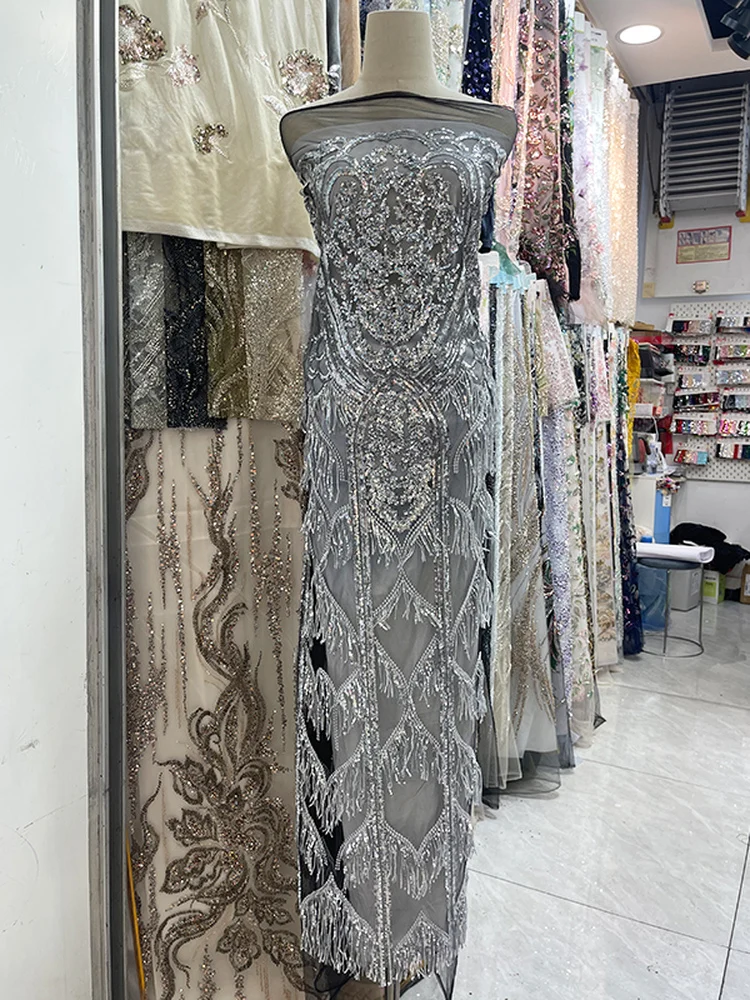 

Элегантная сексуальная длинная вечерняя ткань для платья для женщин, новая модель 2025 года, трансграничная модель, блестящая кружевная ткань с бисером и бахромой