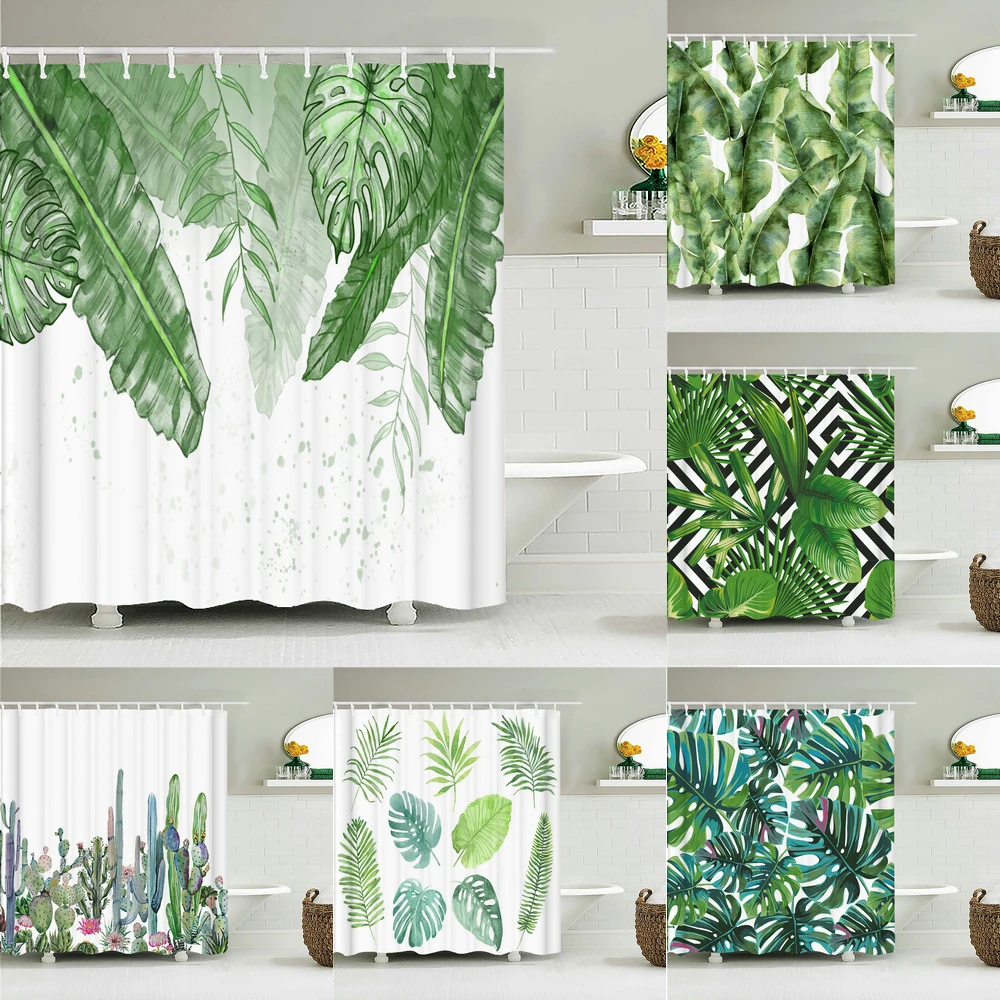 

Waterproof Shower Curtain Green Plant leaf leaves Polyester Fabric 3D Printing Bathroom Curtains for Bathroom Decor with Hooks