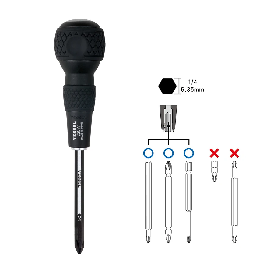 VESSEL Ball Grip Screwdriver Set with Replacement Bits Interchangeable Screwdriver Bit for Phillips and Slotted Screws 220W-62