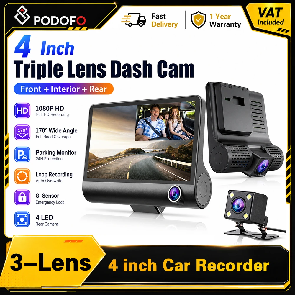 Podofo 4-Zoll-Auto-DVR, Auto-Blackbox, Dashcam, Drei-Wege-Video-Registrator, FullHD 1080P vorne, 720P hinten, Innenkamera, Weitwinkel, Nachtsicht, G-Sensor, wasserdichte Rückfahrkamera für alle