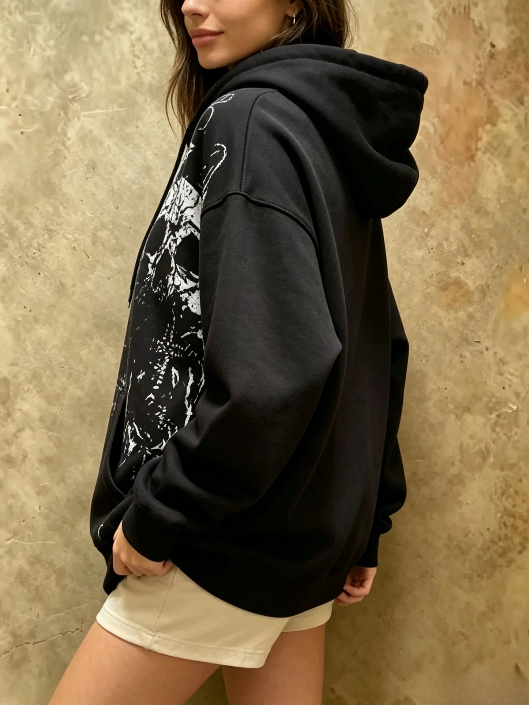 Black Pullover Hoodie Distressed White Skull Flower Print Drawstring Hood Kangaroo Pocket Loose Oversized Long Sleeve Sweatshirt