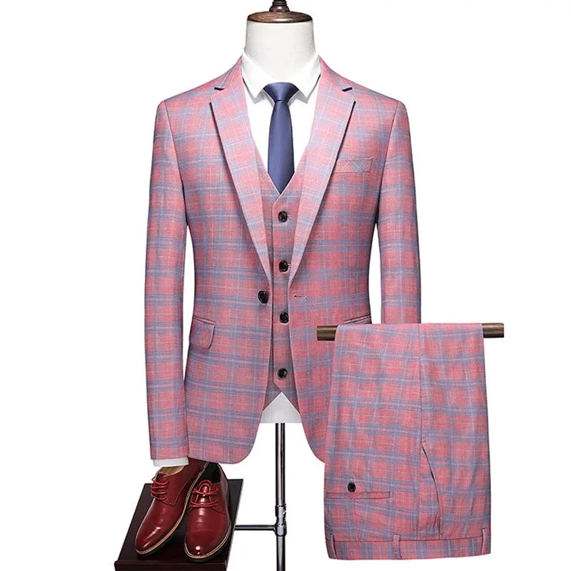 60 British Plaid Wedding Groom's Dress Suit Large Size Casual Business Suit