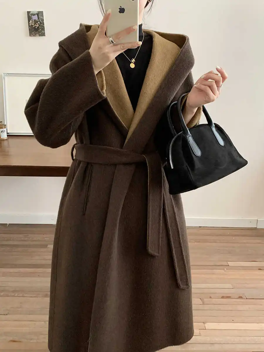 

High End Quality Cashmere Coat Women'S Autumn And Winter New Handmade Double-Sided Woolen Contrasting Hooded Long Jacket
