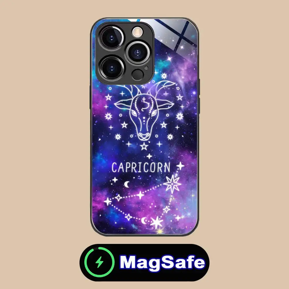Casing Ponsel Zodiak Capricorn untuk iPhone 17 16 15 14 13 12 11 Pro Max Plus Mini MagSafe Kaca Warna-warni Penutup Cantik