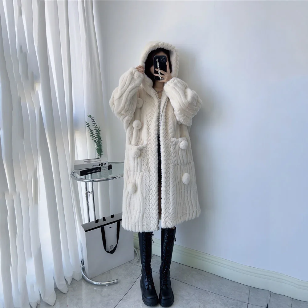 2025 Autumn Winter Long Faux Fur Jacket for Women Comfort Textured Hooded Imitation Mink Woolen Coat Zipper Fleece Overcoat Lady