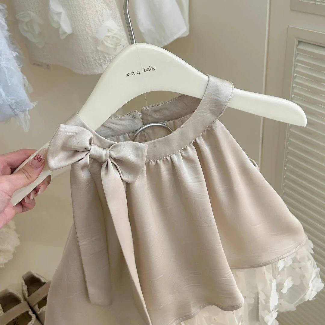 أطفال بنات لطيف الدانتيل شبكة سترة فستان 2025 جديد وصول الأطفال القوس حفلة الرسن فساتين الأميرة الصيف شبكة فستان الشمبانيا