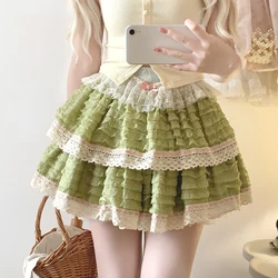 Sweet Lolita Lace Cake Skirt Women Pink Vintage Elegant A-line Mini Skirts Female Korean Fashion Preppy Style Pleated Skirt 2024