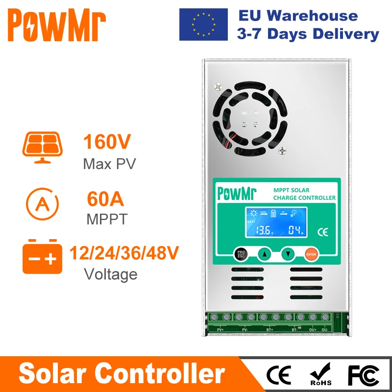 estoque brasil powmr controlador de carga do painel solar regulador solar auto max pv 190vdc para bateria de litio acido ao chumbo 60a 12v 24v 36v 48v mppt 01