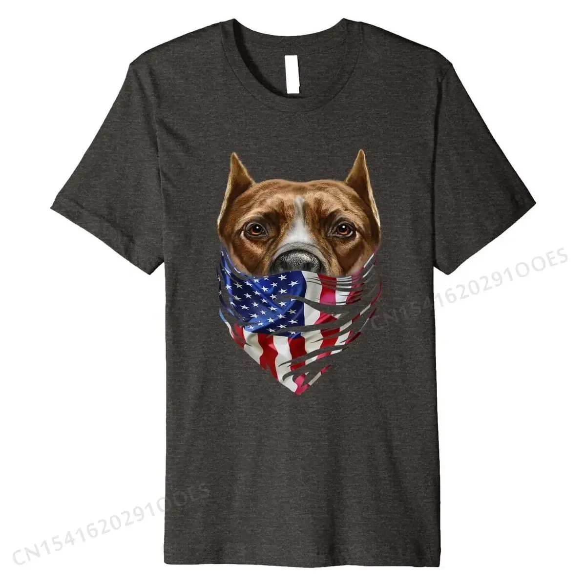 Brown Pit Bull in Patriotic USA America Bandana, Dog T-Shirt Design Tops Tees Cotton Men Top T-shirts Design Coupons