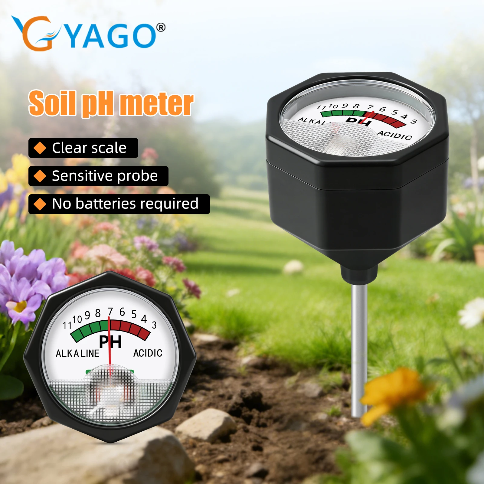 YAGO Soil pH Meter No Battery Required Soil Tester Sensitive Probe pH Test Kit for Garden Potted Plants Vegetable Patch Orchard