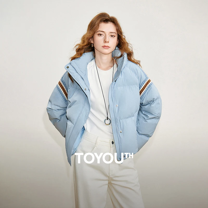 TOYOUTH Women 90% White Duck Down Jacket 2025 Winter New Stand up Collar Hooded Contrasting Knitted Patchwork Thicking Warm Shor