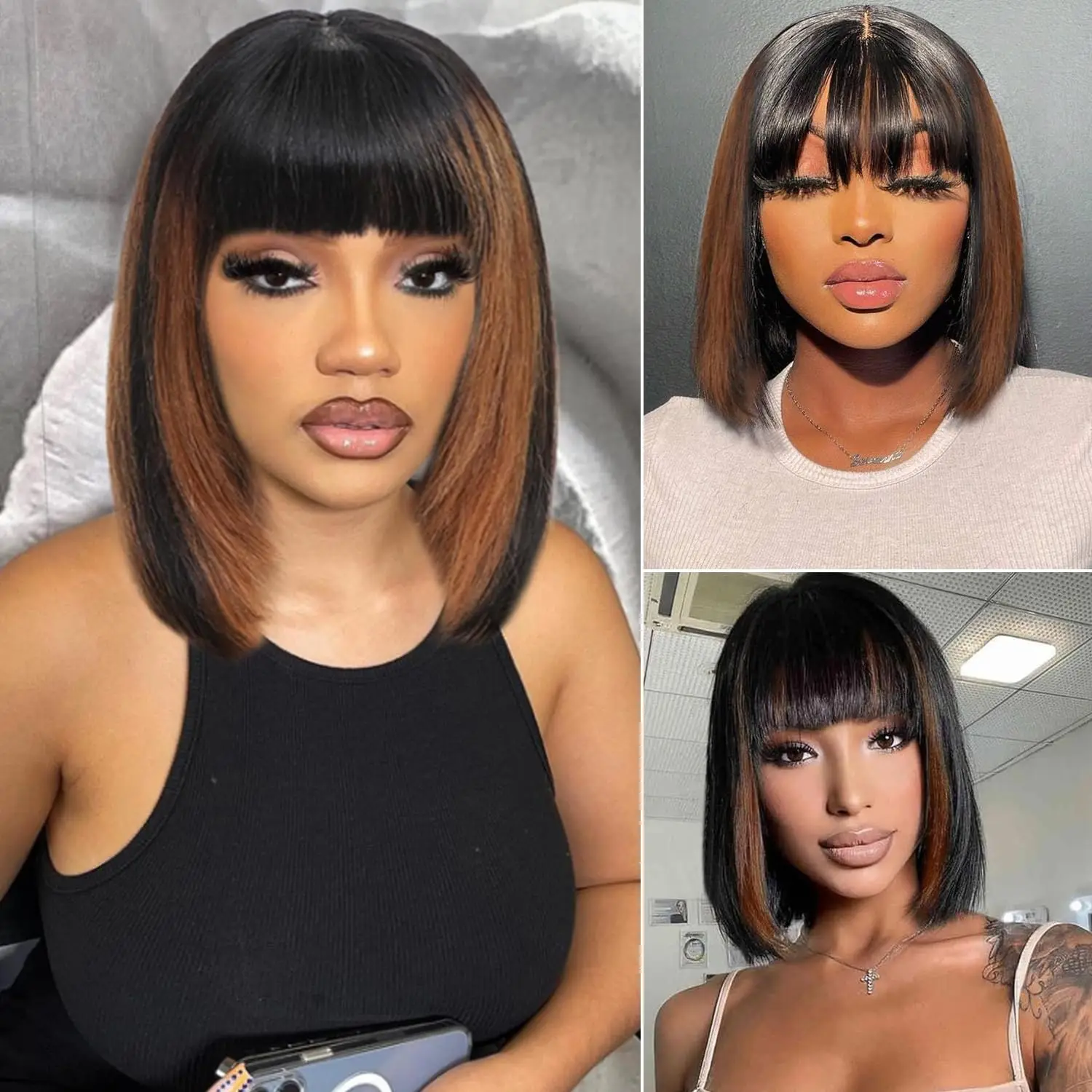 100% Human Hair Brown Highlight Put On and Go Realistic Yaki Straight Short Bob with Bangs Minimalist 3X1 Lace Wig For Women