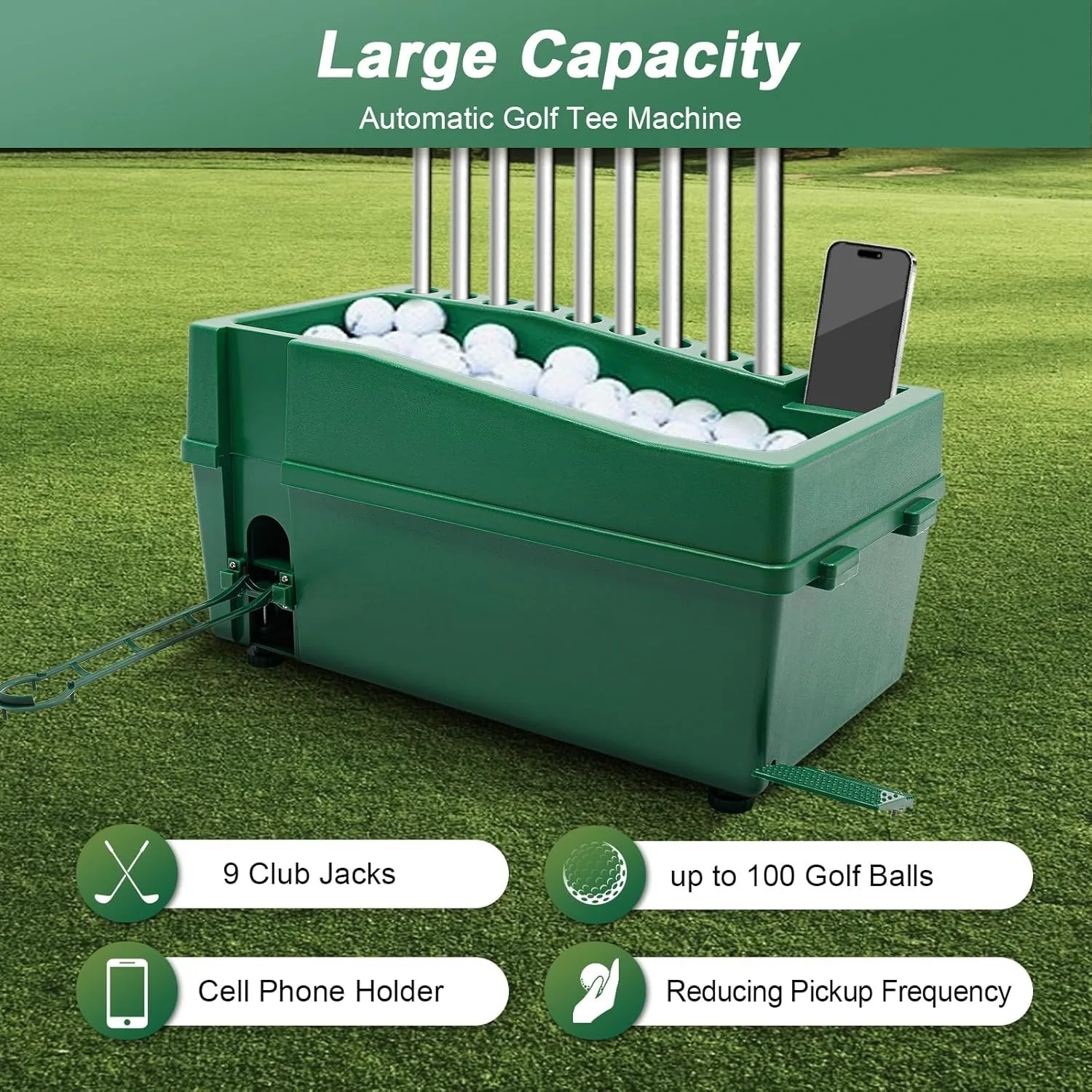 Automatic Golf Tee Machine, Golf Ball Teeing Device Training Machine with Foot Pedal and 9 Club Sockets, Capacity 100 Golf Balls