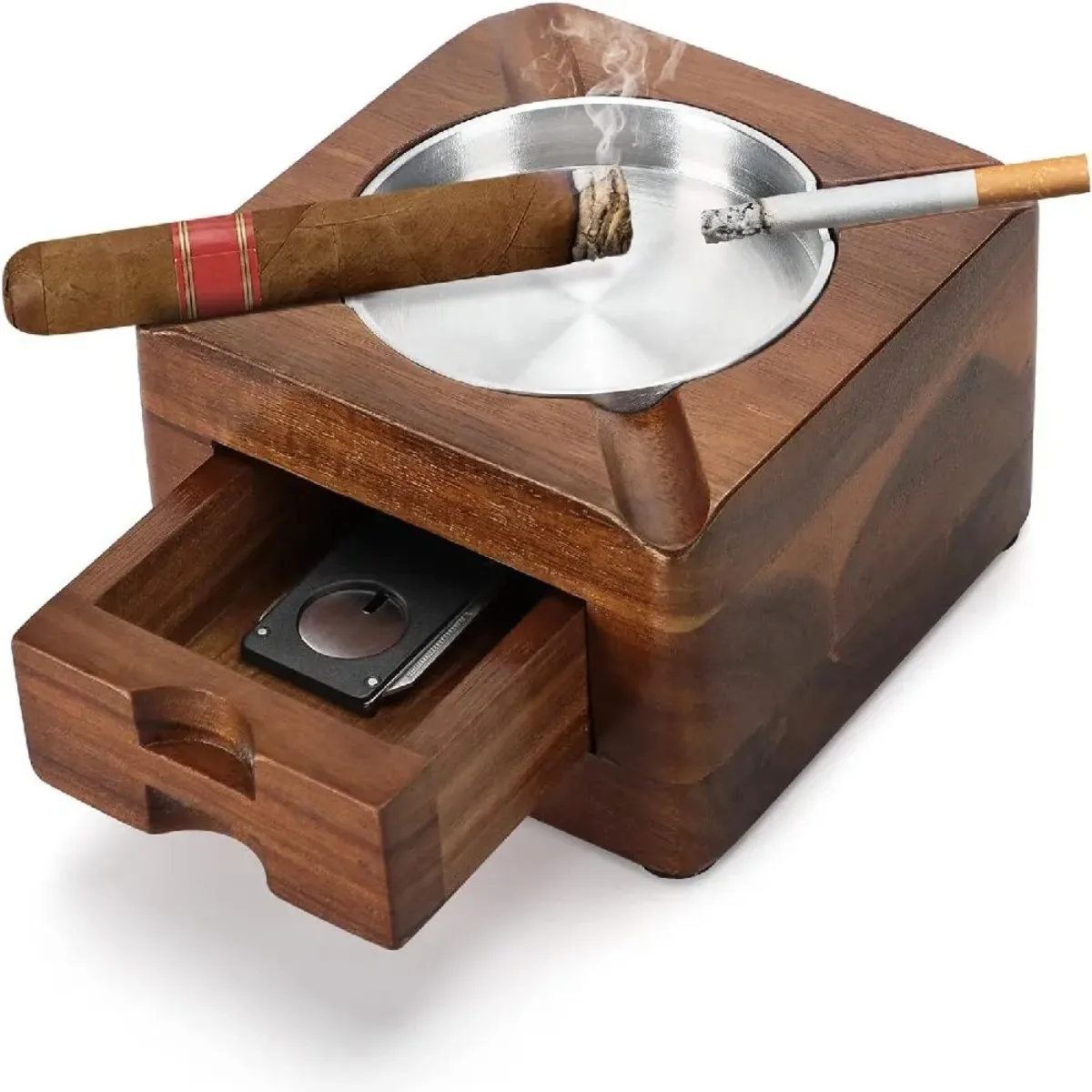 

Luxury Wood Ashtray Box Cigar Holder Whisky with Drawer Tobacco Cigar Cutter Storage Smoking Accessories Cigar Tool Box