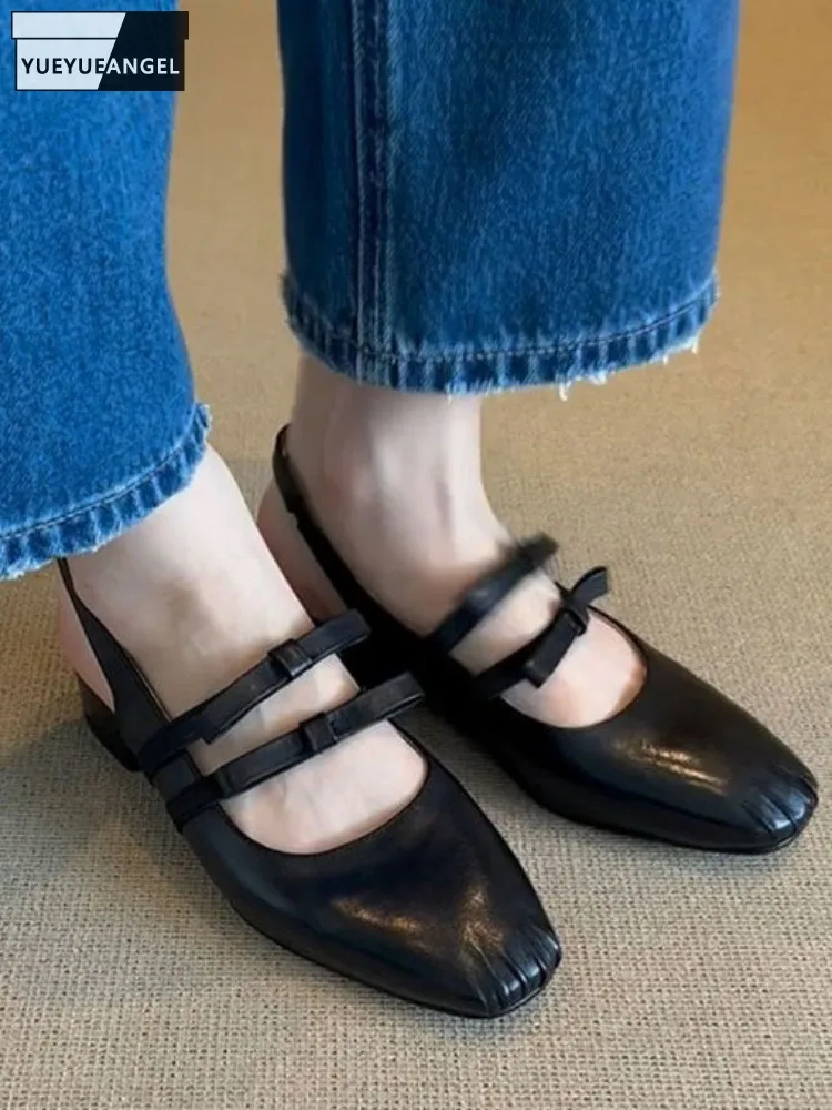 

Черные офисные женские туфли из спилка в стиле ретро, женские универсальные сандалии без шнуровки с квадратным носком и открытыми ремешками сзади