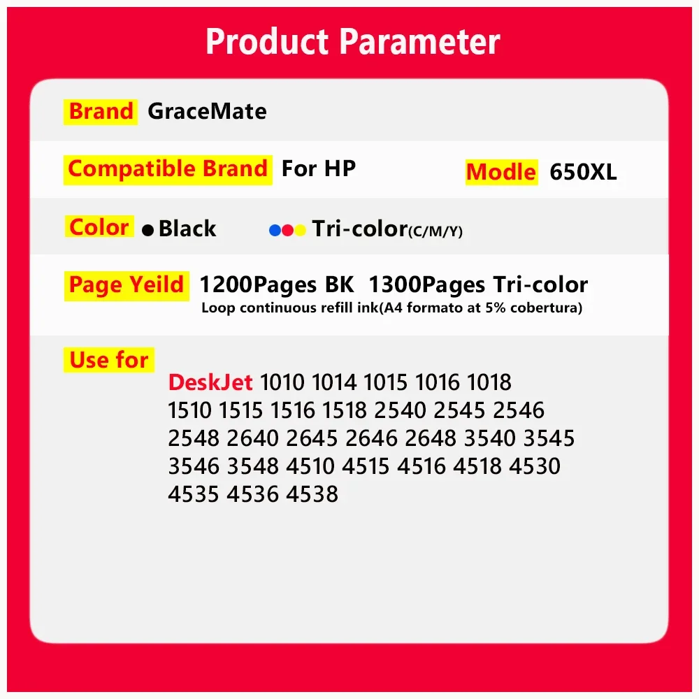 Cartucho de tinta para HP Deskjet, substituição para Hp650, 650, 2640, 2645, 2648, 3540, 3545, 3546, 3548, 4510, 4515, 4516, 4645