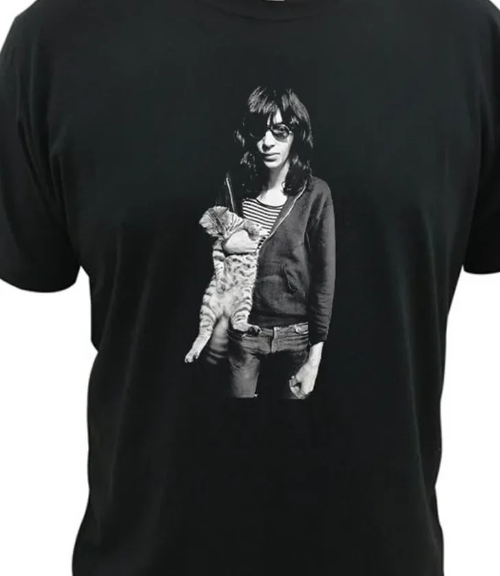 Joey Ramone with cat T-shirt Black Short Sleeve All Sizes S-5Xl YY1164