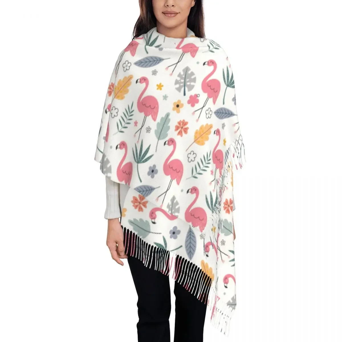 Cute Seamless Pattern With Flamingo Scarf Wrap for Women Long Winter Warm Tassel Shawl Scarves