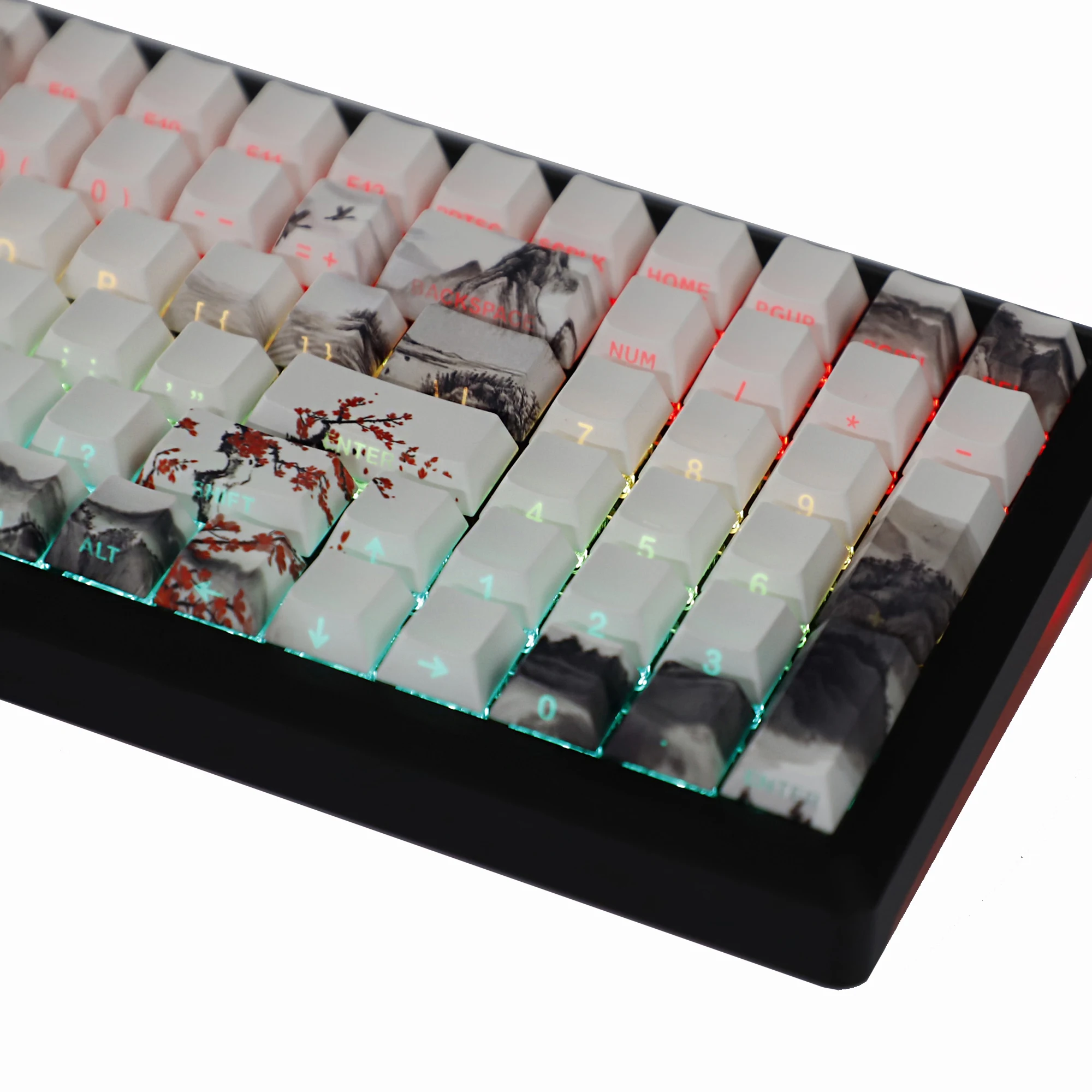 YMDK Plum Blossom Landscape PBT Side-lit Cherry Profile Dye Sub Double Shot Shine Through Keycaps for MX Mechanical Keyboard