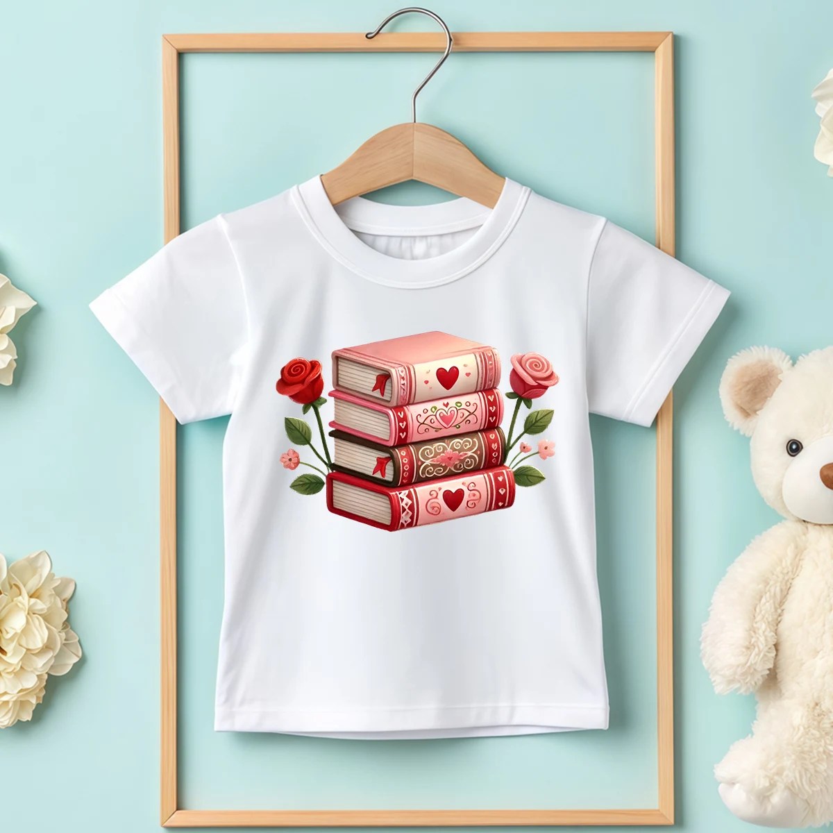 Pure Cotton Books Valentine's Day Print Children’s Base Clothe Girl Comfortable T-shirt Outdoor O-neck Short Sleeve T-shirt
