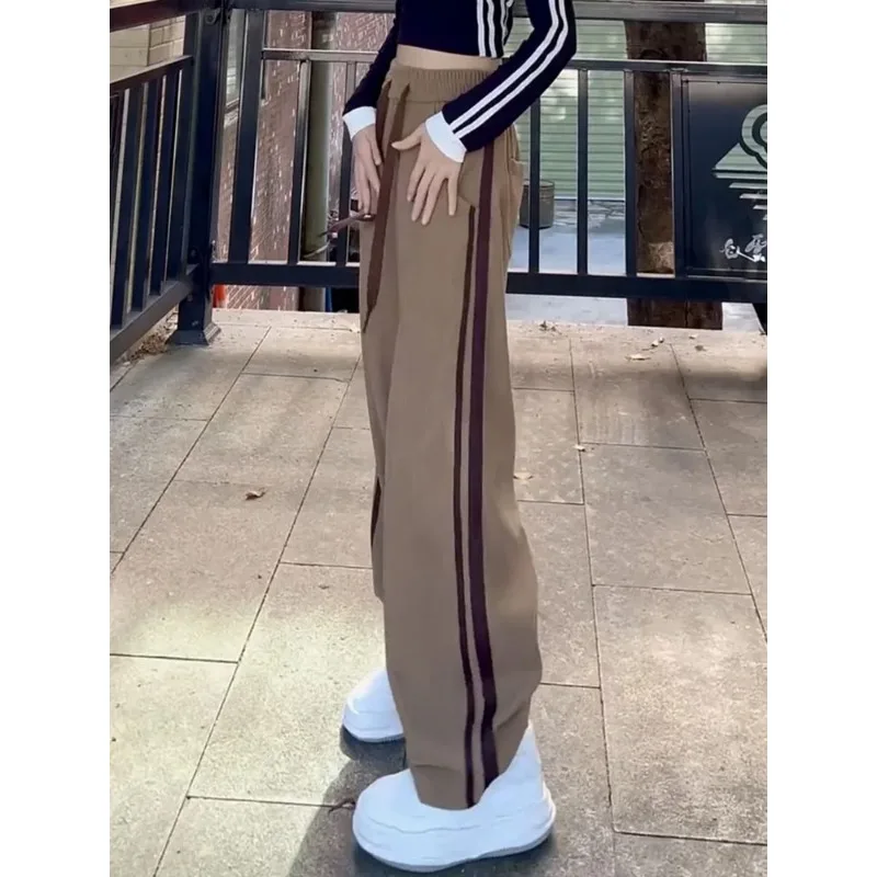 Oversized 4XL Straight Korean Trousers High Waist Wide Leg Pants Casual Baggy Sweatpants Women Side Stripe Streetwear Pantalones