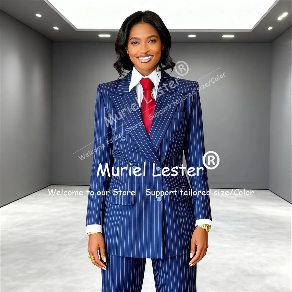 

Fashion Striped Women's Suit Peaked Lapel Double Breasted Jacket Pants 2 Pieces Formal Party Smart Casual Lady Office Outfits