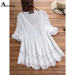 Plus Größe 5xl Damen Elegante Vintage Spitze Bluse Drei Viertel Hülse frauen Top Pullover 2022 Sommer Lose Shirts Kleidung