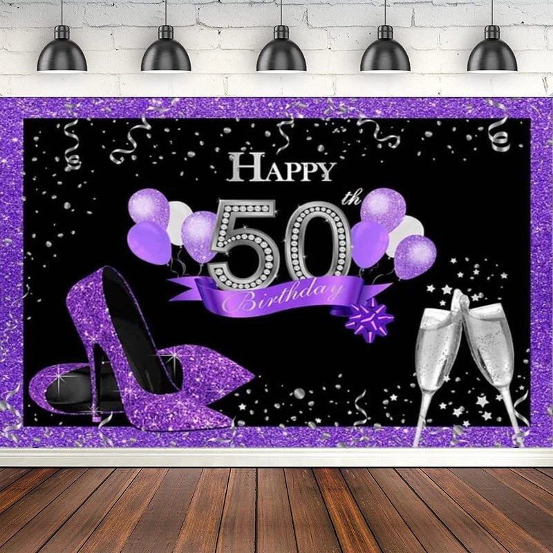 

Fifth Birthday Purple Theme Party Photography Backdrop High Heels Champion Balloons Banner Glitter Background Poster