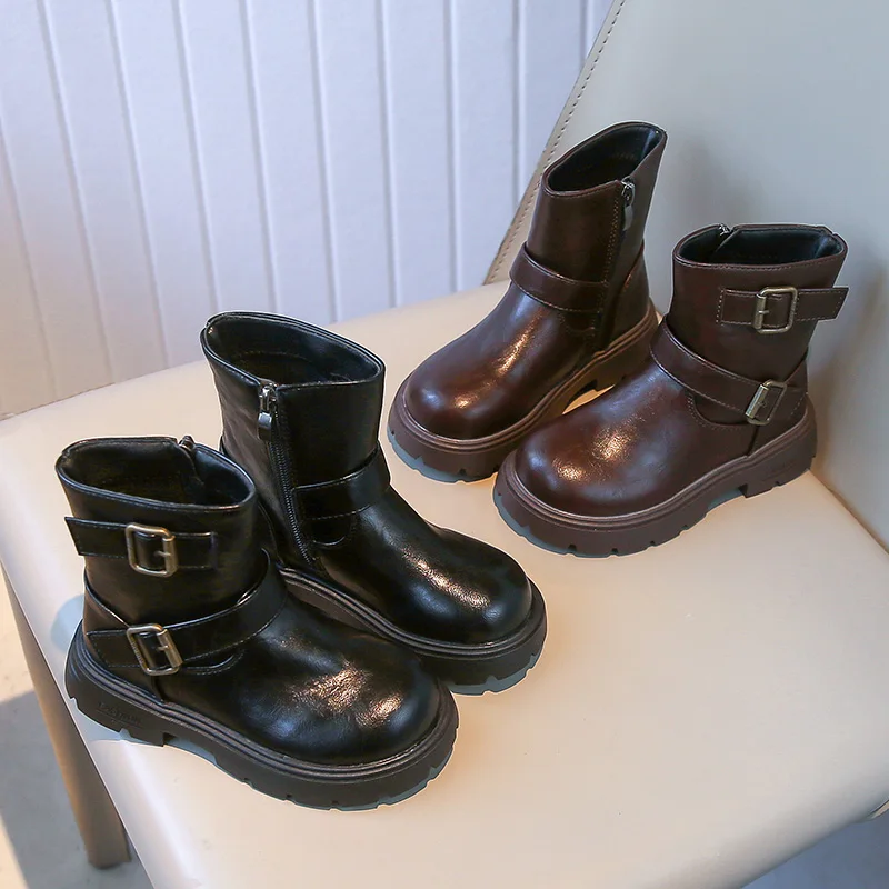 

Детские повседневные ботинки, однотонные детские кожаные ботинки в корейском стиле с боковой молнией, зима 2024, зимние короткие сапоги принцессы для девочек, мягкие