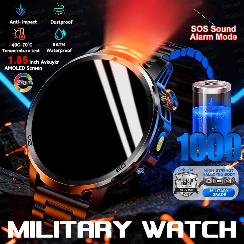 

2026 Outdoor Military 1000mAh Large Battery Durable Adult SmartWatch Red Light Flashlight 5ATM Waterproof Sports Smart Watch Man